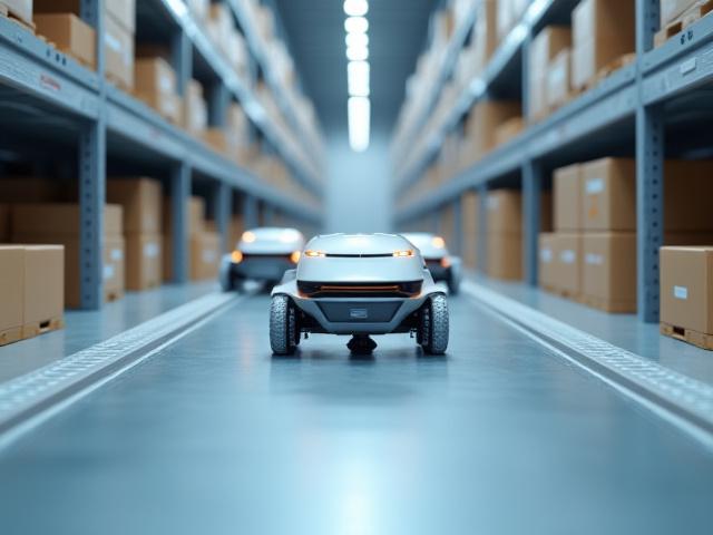 एक आधुनिक गोदाम में काम कर रहे रोबोट, ई-कॉमर्स ऑर्डर पूर्ति और दक्षता का प्रतीक।