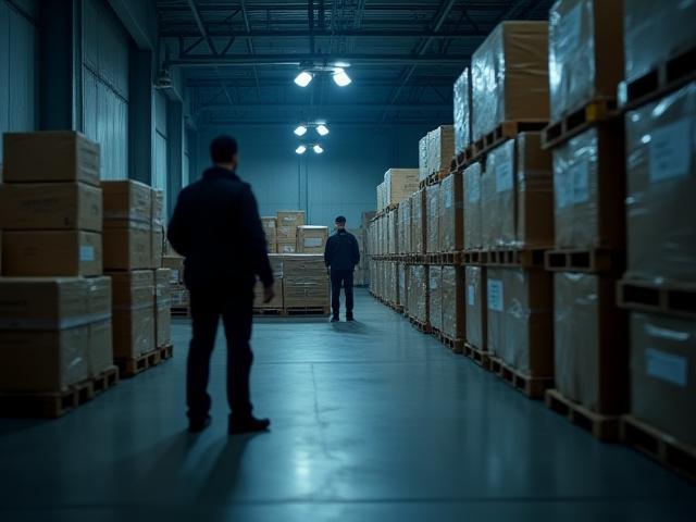 भारी सुरक्षा प्रोटोकॉल के साथ एक सुरक्षित लॉजिस्टिक्स गोदाम, मूल्यवान कार्गो को उजागर करता है और सुरक्षा कर्मियों द्वारा संरक्षित किया जाता है।